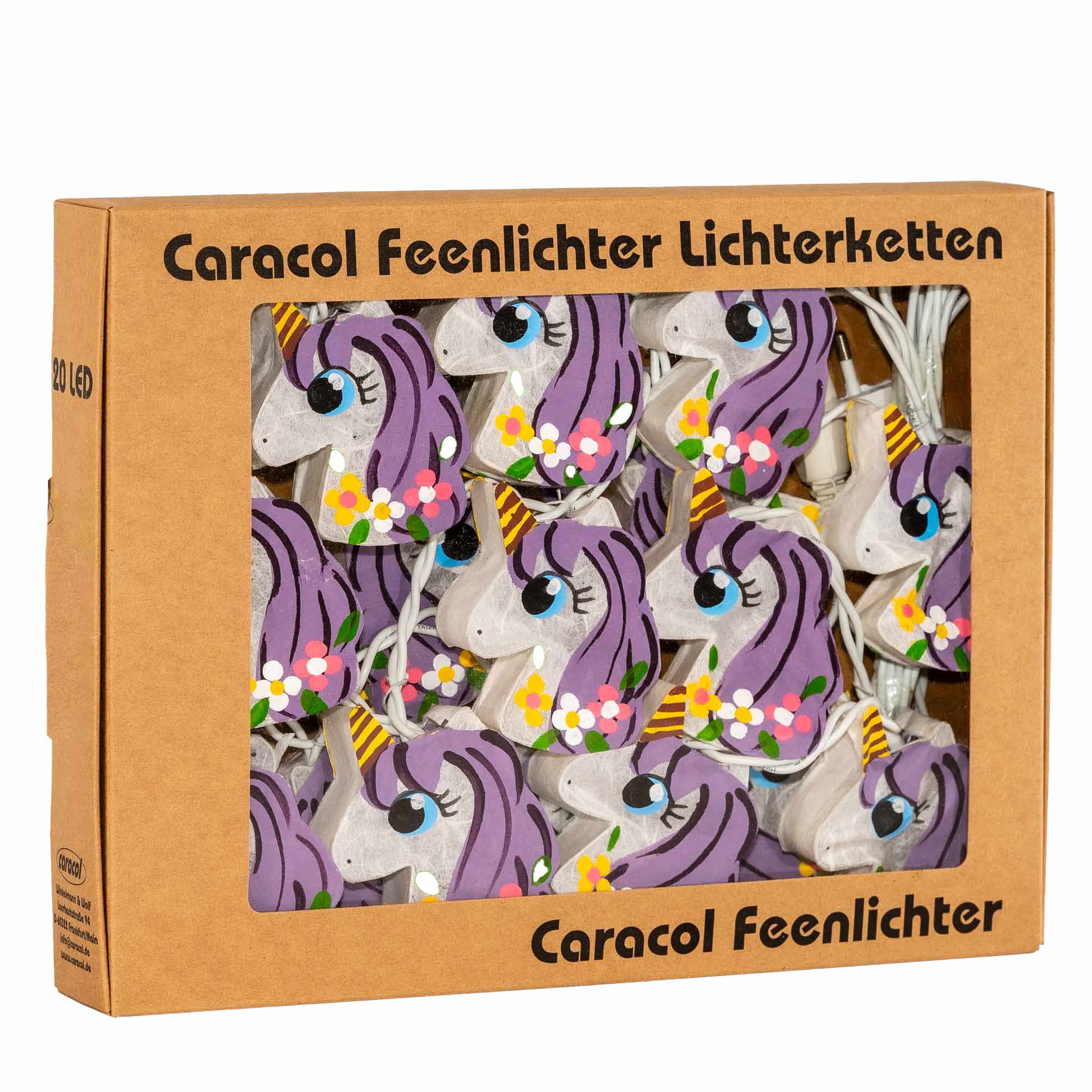 Caracol-Feenlichter-LED-Einhorn-FlowerPower-Lila-20L-Verpackung